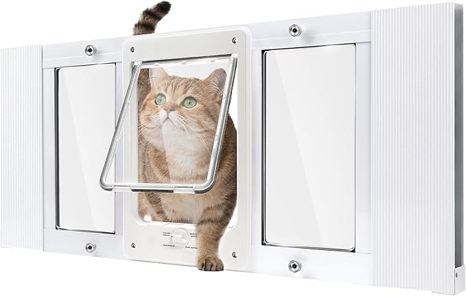 Aluminum Pet Door for Window, Width Adjustable to Fit Window Width 33"-38",Flap Size: 7.8" W X 10.6" H, Quick Install Cat Door Insert Window, Cat Door for Window with 4-Way Locking Knob, Weatherproof