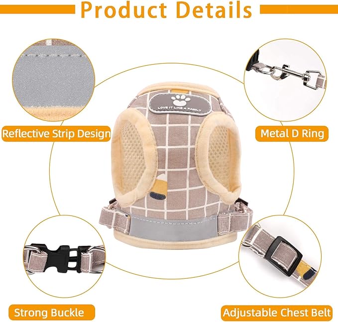 Cat Vest Harness and Small Dog Vest Harness for Walking, All Weather Mesh Harness, Cat Vest Harness with Reflective Strap, Step in Adjustable Harness for Small Cats (Khaki-Pattern, XS)