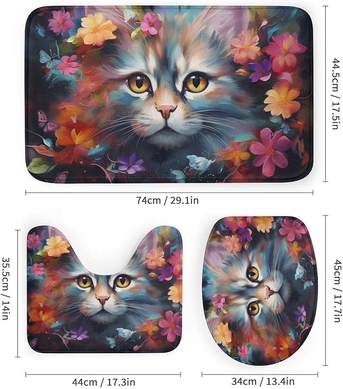 Abstract Floral Cat Shower Curtain 4 Piece Sets with Non-Slip Rugs,Toilet Lid Cover and Bath Mat Flower Cute Animal Rustic Waterproof Shower Curtain with 12 Hooks Bathroom Set Home Decor, Style-5
