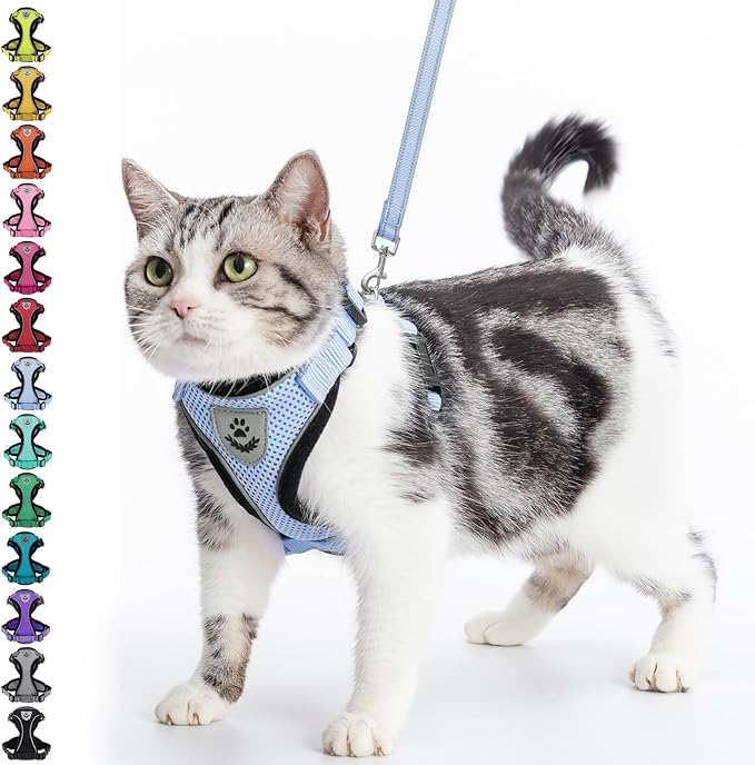 PUPTECK Cat Harness and Leash Set Escape Proof Reflective Cat Walking Harness Adjustable Soft Breathable Mesh Vest for Small Pets, Sky Blue, M