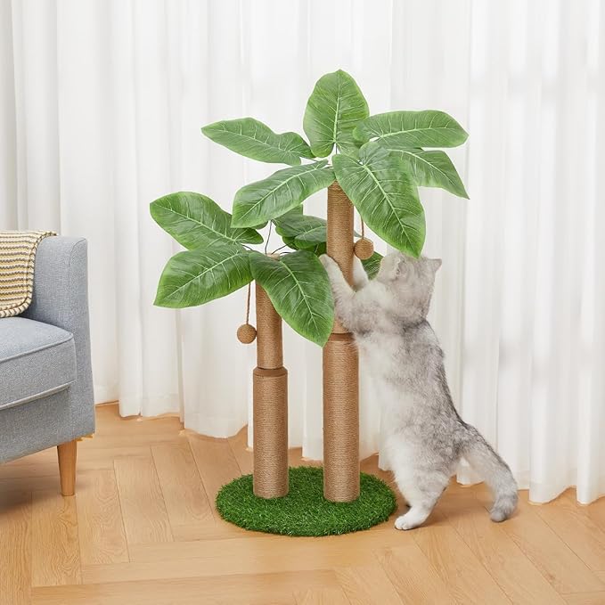 29.7inch Cat Scratching Post,Cat Scratcher Cat Tree with 2 Sisal Scratching Poles & 2 Interactive Dangling Balls,Cats Scratching Posts for Indoor Kitten & Adult Cats (2 Posts Banana Tree)