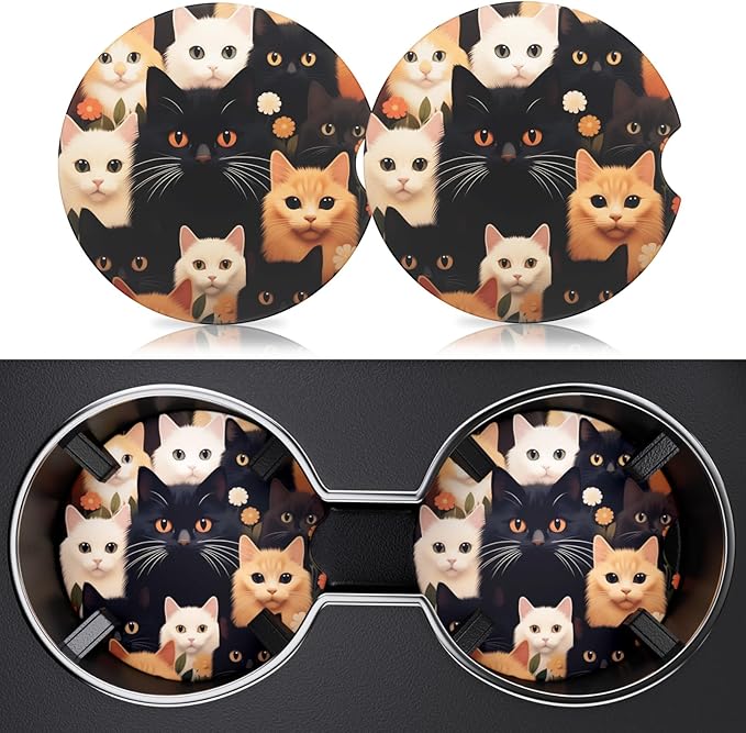 2 Pack Car Cup Holder Coaster, 2.63 inch Anti Slip Insert Absorbent Ceramic Car Coaster with Cork Base and Finger Notch, Cute Car Accessories Interior for Women, Cute Car Coasters., Cats