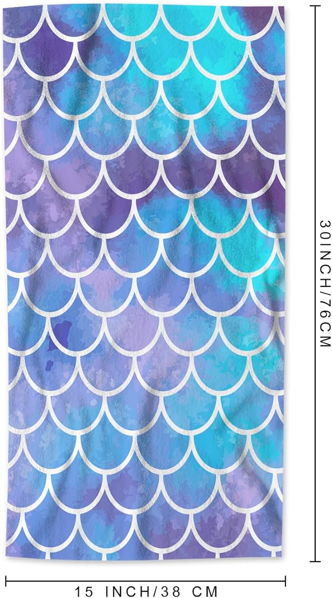 AOYEGO Aqua Blue Mermaid Bath Towels Retro Ocean Sea Fish Scale Mermaid Sequin Kitchen Hand Towels Bathroom Decor Soft Beach Microfiber Hair Towels 15x30 Inch