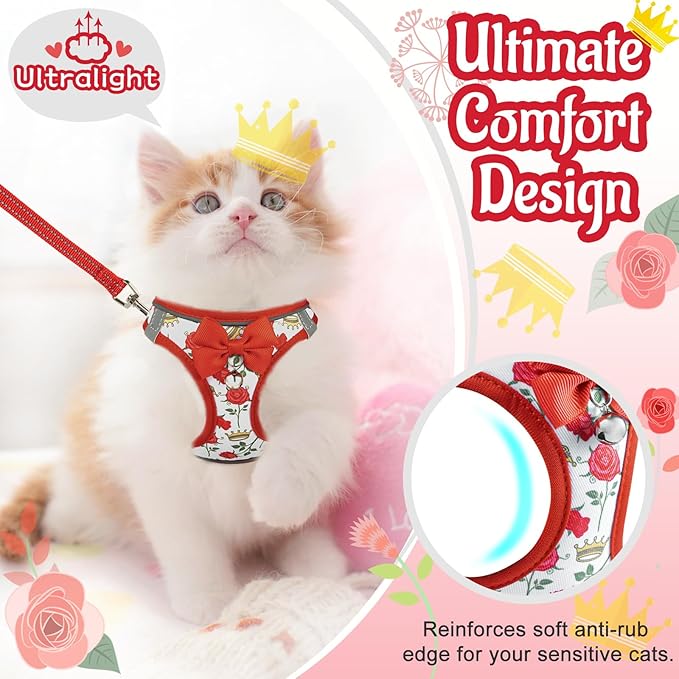 Cat Harness and Leash Escape Proof for Walking, Adjustable Soft Kitten Harness with Reflective Straps Step in Cat Vest Harness for Small Kitten and XS Dogs (Red, S-Chest(11.8"-13.7"))