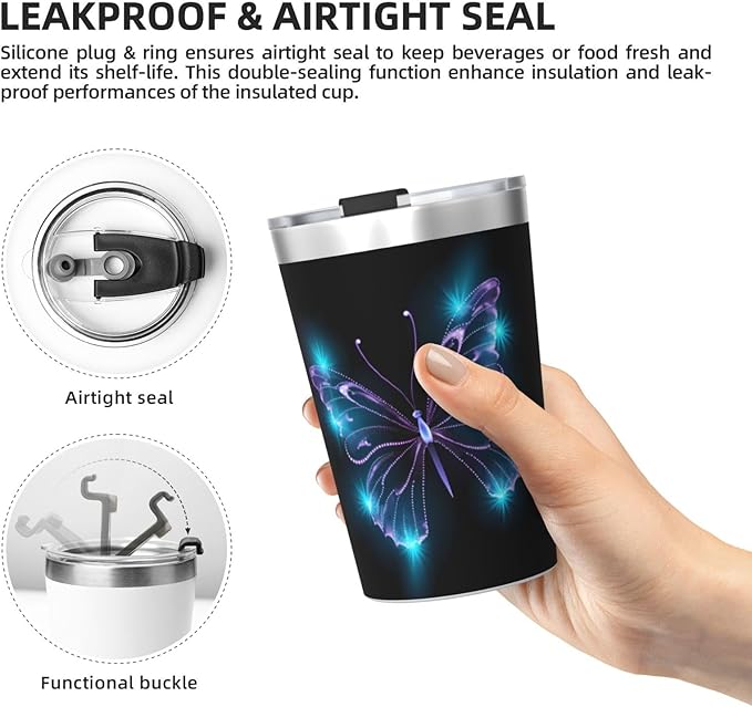 12 OZ Insulated Tumbler Mug with Lid Straw, Butterfly Stars Stainless Steel Coffee Cups for Home Travel Office School Gifts