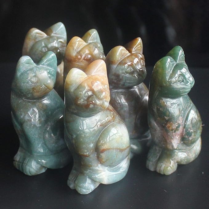 2‘’ Hand Carved Gemstone Crystal Indian Agate cat Figurine Animal Carving