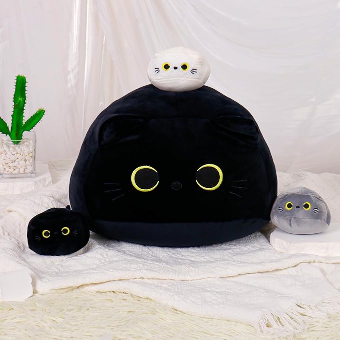 4PCs Black Cat Plush Toy 16'' Black Cat Pillow with 3 Babies, 3D Black Cat Plushies Pillow Baby Cute Plush Toys Shape Cat Design Sofa Fat Pillow Gifts for Boys Girls