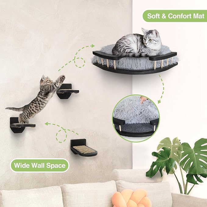 Cat Wall Furniture Set with Plush Cushion, Cat Hammock Cat Wall Shelves with 3 Cat Wall Steps, Cat Shelves and Perches for Wall Climbing Shelves for Indoor, Black Indoor Cat Shelves Wall Mount