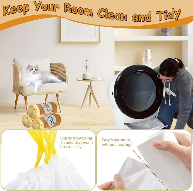 60-Count Cat Litter Box Liners with Drawstring, Compatible with Litter-Robot 3/4, 26.6”X16.7” Heavy Duty Cat Litter Trash Bags, Leak-Proof and Tear-Resistant (26.6”X16.7” 60-Count)