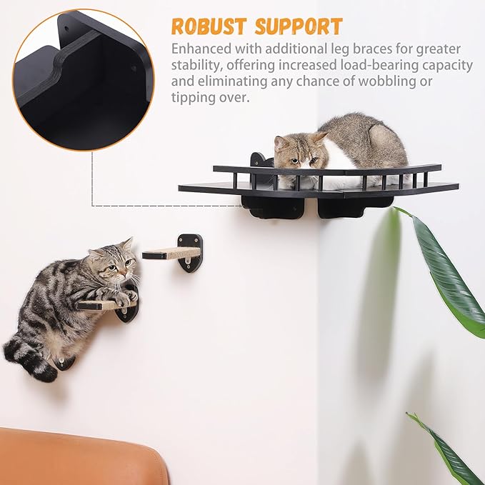 Cat Shelves for Wall, 2 Pcs Cat Wall Shelves with 3 Cat Wall Steps, Wood Cat Wall Furniture Set with Plush Covered, Wall-Mounted Cat Climbing Shelves Cat Perch for Indoor Large Cat (Black)