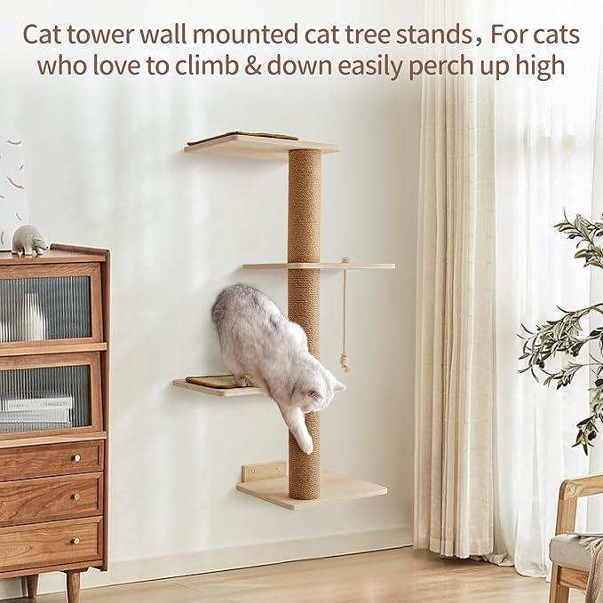 Cat Scratching Activity Tree Cat Climbing Tall, Wall Mounted Cat Climbing Tower 4 Tier, Natural Sisal Rope Cat Scratching Post