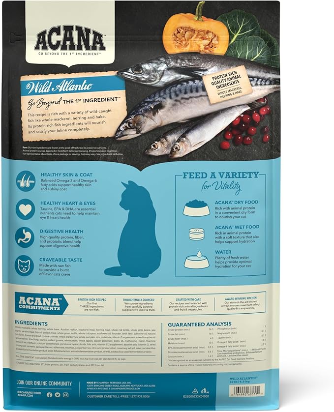 ACANA Highest Protein Dry Cat Food, Wild Atlantic, Grain Free Saltwater Fish With Freeze-Dried Liver Recipe, 10lb