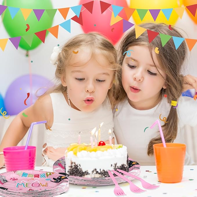 122 Pcs Cat Birthday Party Supplies Disposable Cat Themed Tableware Include 24 Dinner Plates 24 Dessert Plates 50 Paper Napkins 24 Forks Kitten Birthday Party Decoration for 24 Guests(Pink)