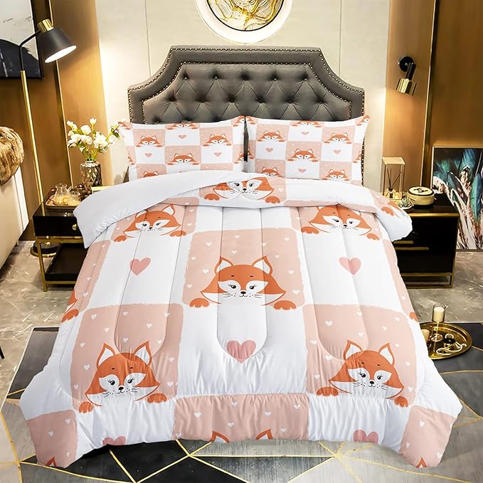 AILONEN Fox Comforter Set, Full Size, Cute Fox Quilt for Teen Girls & Kids, Animal Pattern Printed Superior Kids Bedding Set, Microfiber Fabric, 3 Piece Set (1 Comforter & 2 Pillowcases)