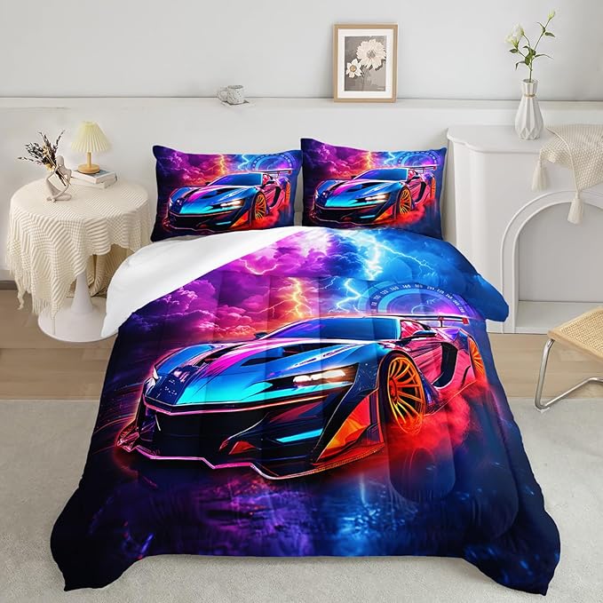 AILONEN Kids Race Car Bedding Set Queen Size,Red and Blue Speed Extreme Sport Racing Car Comforter Set for Boys Teen,3 Piece Soft Racer Duvet with 2 Pillowcases
