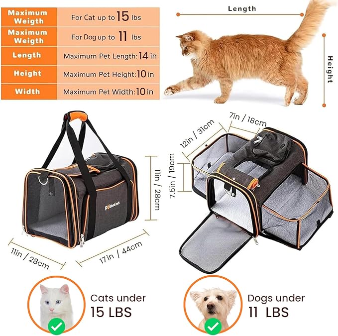 17"x11"x11" Expandable Pet Carrier for Cats and Dogs up to 15 Lbs, TSA Airline Approved, Alloy Accessory, Soft Sided Cat Carrier with Removable Wool Mat, Collapsible Travel Carrier for Cat