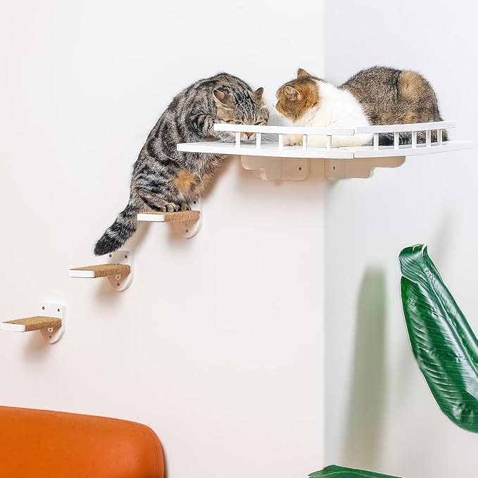 Cat Shelves for Wall, 2 Pcs Cat Wall Shelves with 3 Cat Wall Steps, Wood Cat Wall Furniture Set with Plush Covered, Wall-Mounted Cat Climbing Shelves Cat Perch for Indoor Large Cat (White)