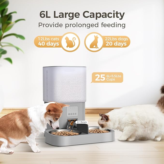 Automatic Cat Feeder, WiFi Cat Food Dispenser with APP Control for 2 Cats & Dogs, 6L Elevated Timed Cat Feeder Programmable 1-10 Meals,10s Meal Call,Dual Power Supply, 2 Stainless Bowls