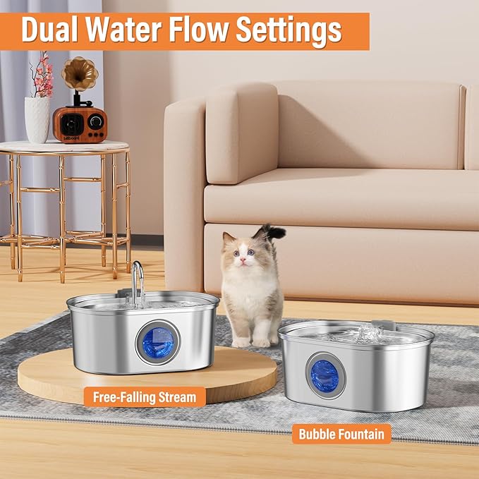 Automatic Cat Water Fountain Stainless Steel, 0.8gal/108oz Pet Water Fountain, 3 Replacement Carbon Filters, Quiet Pump, Suitable for Cats, Dogs and Multi-pet households (Elliptical)
