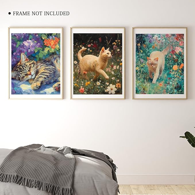 3 Pcs Cat Theme Poster Prints - 8"x10" Watercolor Floral Cats Home Paper Wall Art Decoration - Retro Posters Painting For Living Room,Bedroom,Bathroom - Gifts For Family & Friends - A02