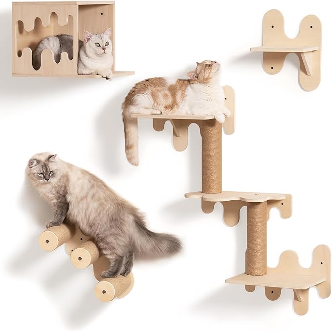 Mewoo Cat Wall Shelves, Wooden Cat Wall Furniture, Stable Cat Wall Steps, Cat House and Cat Perch for Wall Mounted, Cat Climbing Shelves Cat Ladder for Most Kittens & Adult Cats, Set of 4, Beige