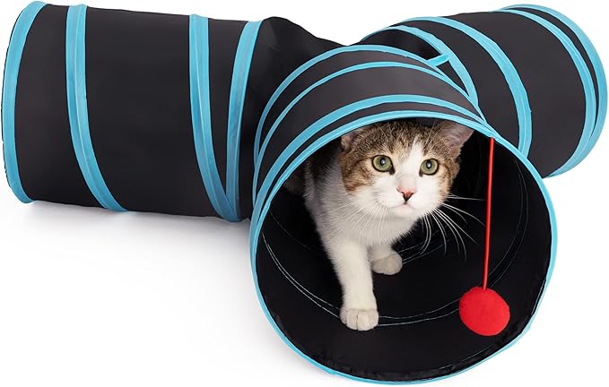 3-Way Cat Tunnels for Indoor Cats - Rabbit Tunnels and Hideouts - Durable and Collapsible Cat Tubes and Tunnels for Active Play (Blue)