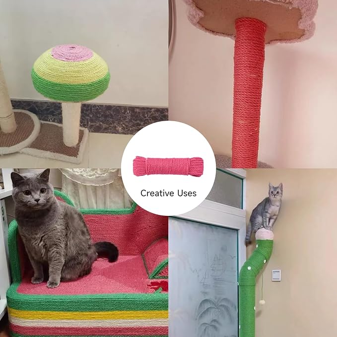 Multicolor Natural Hemp Rope, Cat Scratching Posts Replacement Rope,Repair and Replace Scratching Post cat Tree, 1/4" Rope Cat Scratch Post DIY Jute Twine,Come with a Play Ball.(164FT, Pink)