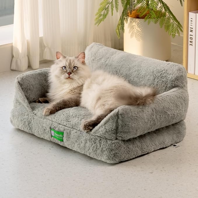 MEWOOFUN Cat Couch Bed for Indoor Cats, Fluffy Cat Sofa for Small Pets with Removable Washable Cover, Cute Cat Bed with Non-Slip Bottom, Cat Beds & Furniture for Small Pets(Grey,S)