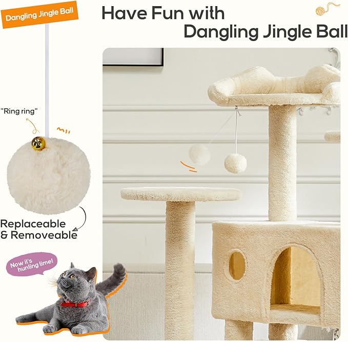 Cat Tree, 54-Inch Cat Tower for Indoor Cats with Sisal Scratching Post, Cat Play House, Large Kitty Condo, Plush Multi-Level with Climbing Ladder