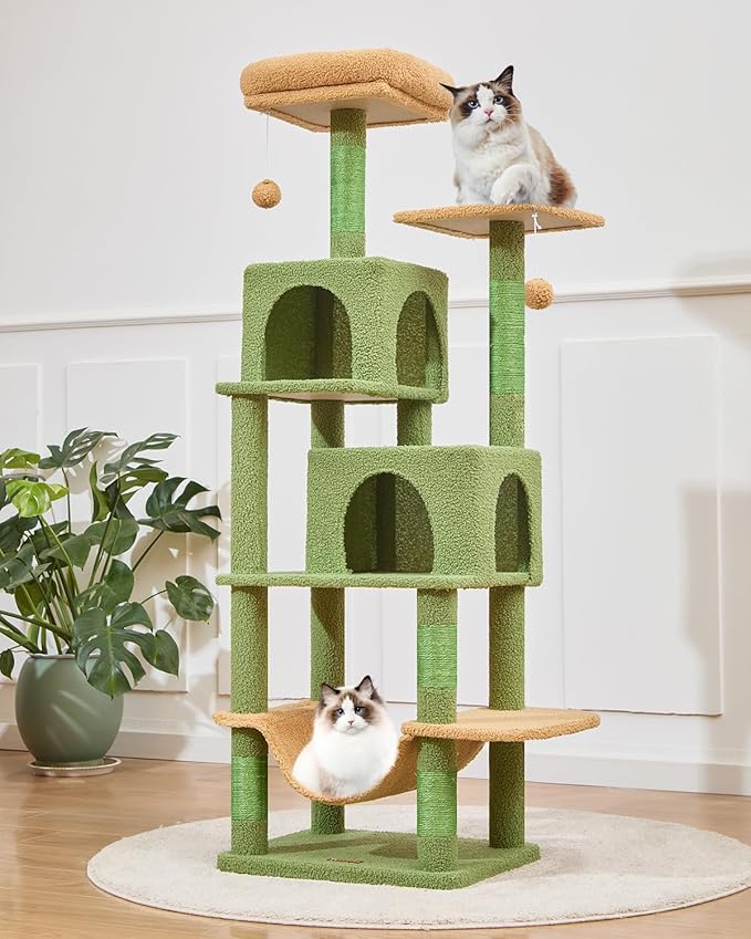 Taoqimiao Cat Tree, 61-Inch Cat Tower for Indoor Cats, Plush Multi-Level Cat Condo with 5 Scratching Posts, 2 Perches, 2 Caves, Hammock, 2 Pompoms, MS013ST Cactus