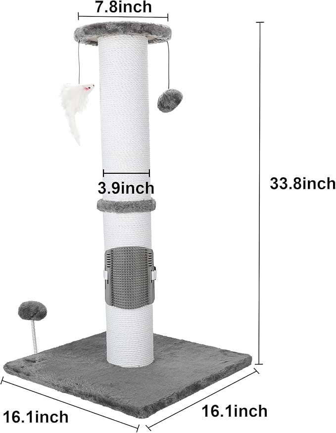 34 Inches Cat Scratching Post Heavy Duty and Thicker Cat Self Grooming with Hanging Toys and Sturdy Handmade Rope, Grey