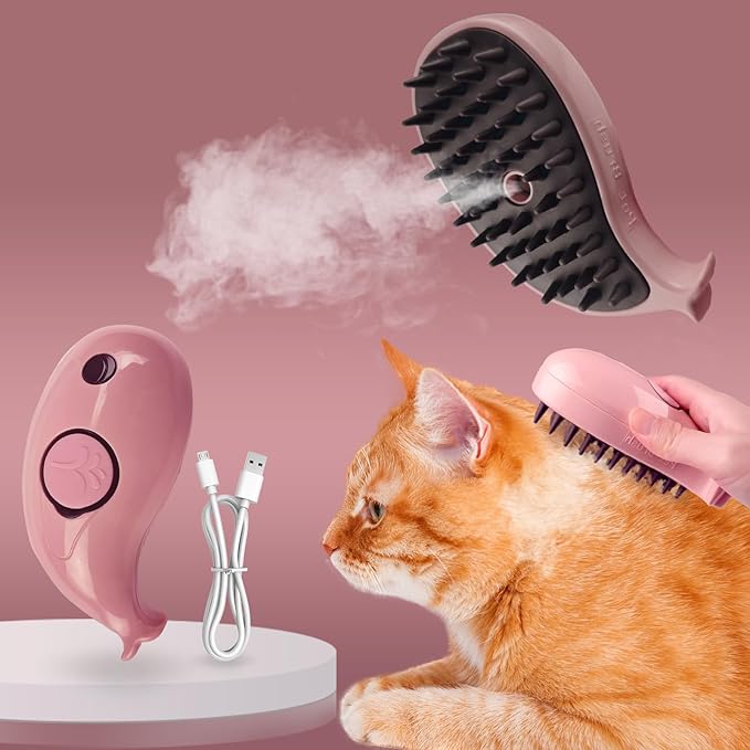 3in1 Cat Steam Brush,Multifunctional Rechargeable Cute Steamy Pet Brush for Short Or Long Hair Cats/Dogs To Massage/Clean/Eliminate Flying&Tangled Hair With USB Cable-Pink Whale