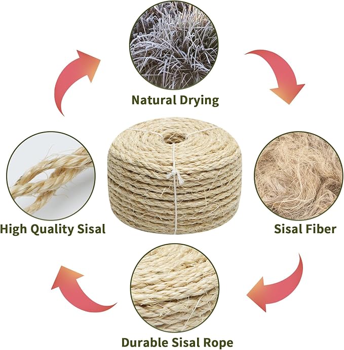 Natural Sisal Rope 1/4 Inch by 49-Feet for Cat Scratching Post Tree Tower Replacement Repair and Replace, DIY Hemp Twine Rope for Kittens Shelves Furniture Window Bed Perch Climbing, 6mm by 15m