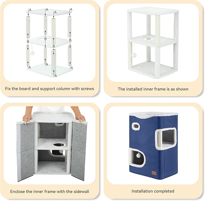 YITAHOME 2-Tier Cat House, Indoor Cat Cave Bed Playhouse, Cat Tunnels with Scratch Pad and Hideaway Cube, Cute Modern Cat Condo Furniture for Multi Small Cats, Classic (Blue)