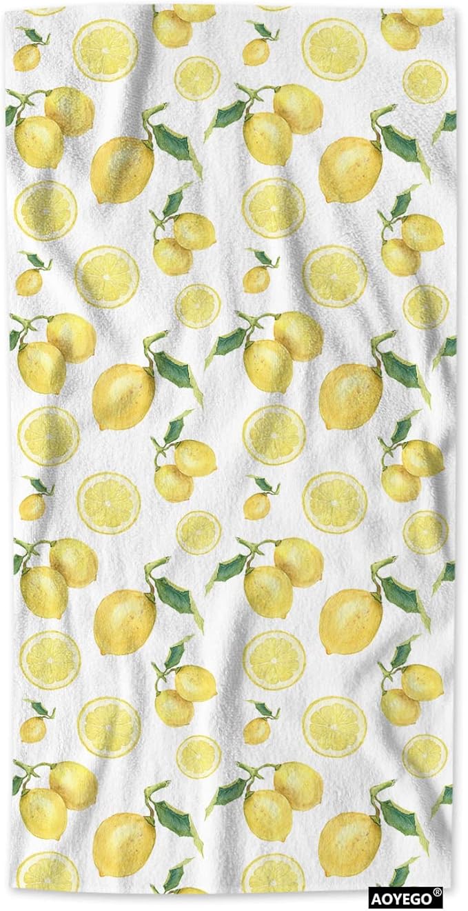 AOYEGO Lemon Bathroom Towels Watercolor Fruit Yellow Lemon Slice Green Leaves Tropical Plant Soft Bath Hand Towels Microfiber Kitchen Hotel Spa Hand Towels 15x30 Inch