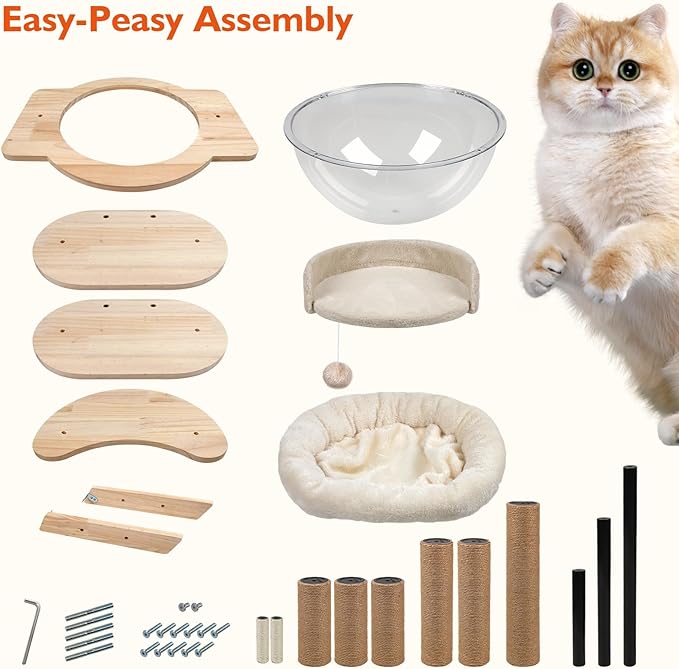 Cat Tree Tower Wood - 40inch Multi-Level Modern Cat Tower with Plush Perch, Cat Box with Large Space Capsule, Platforms, Sisal Scratching Posts, Removable Cushions for Small Cats (Natural)