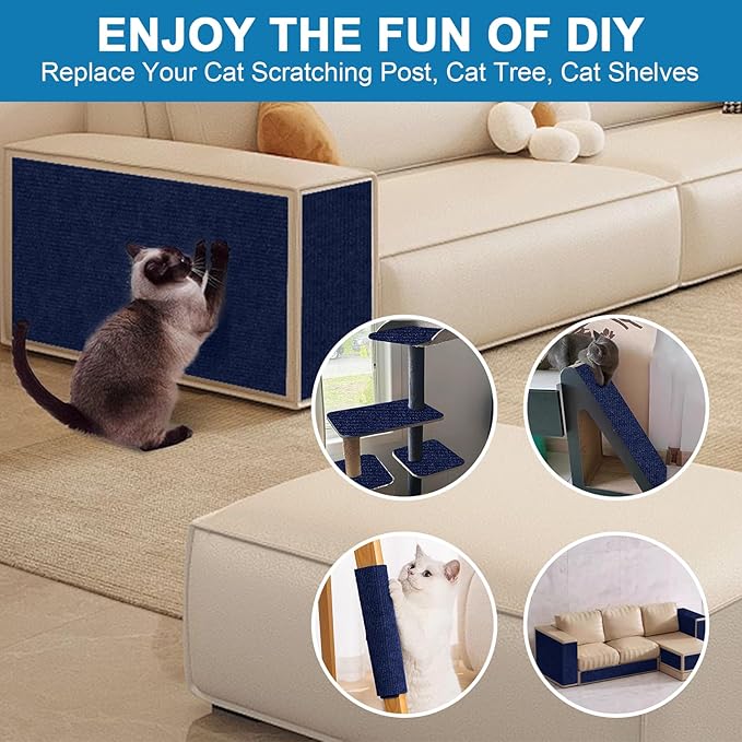 Cat Scratch Furniture Protector Pads with Self-Adhesive Backing, 98.5"X15.8" Navy Blue Randomly Cutting Trimmable Cat Scratch Carpet Mat Post Tree Shelves Cover Replacement for Sofa,Couch,Door,Corner