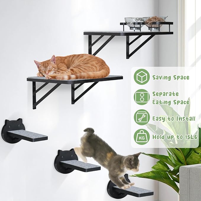 Cat Wall Shelves Set of 2, Cat Shelves and Perches for Wall, Cat Shelves Wall Mount for Large Cat, Cat Wall Furniture with 3 Cat Wall Steps, Cat Climbing Shelf, Cat Wall Shelf with 2 Cat Food Shelf