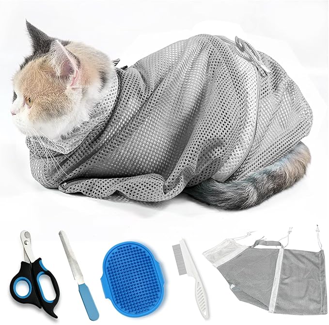 Adjustable Multifunctional Anti-Bite Shower net Bag，Cat Grooming Mesh Bag, Cat Bathing Bag，Cat Bath Brush and Cat Nail Clipper