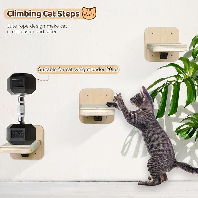 Cat Hammock Cat Wall Shelves with 3 Cat Wall Steps, Wall Mounted Cat Shelves and Perches with Hemp Rope Scratching, Cat Wall Furniture Climbing Shelves for Indoor Cats Set