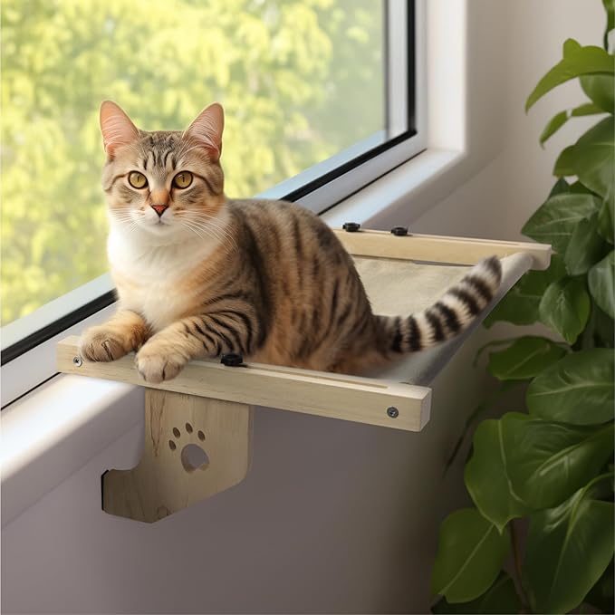 Navaris Cat Window Perch for Large Cats - Heavy Duty Wooden Cat Window Hammock, Cat Window Seat for Indoor Cats, Cat Window Shelf, Cat Bed for Window Sill, Bedside, Drawer, and Other Furnitures