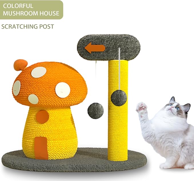 2-in-1 Cat Scratching Post, Mushroom Claw Scratcher Post for Indoor Cats, Natural Sisal Rope with Hanging Ball & Toys for Kittens to Satisfy Cats' Claw Instincts (T-b)