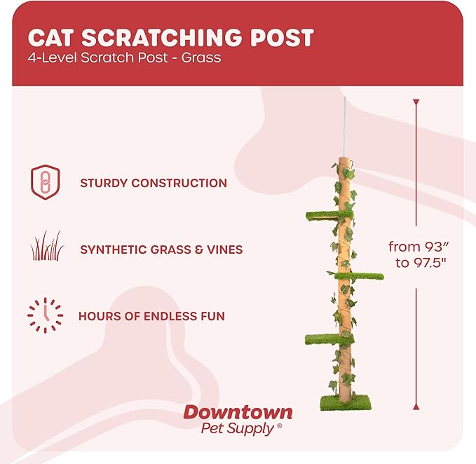 Downtown Pet Supply 4-Level Tall Cat Tower for Indoor Cats, Synthetic Grass - Tightly Woven Sisal Rope Cat Scratching Post with Stable Wooden Base - Extends from 93-97.5"