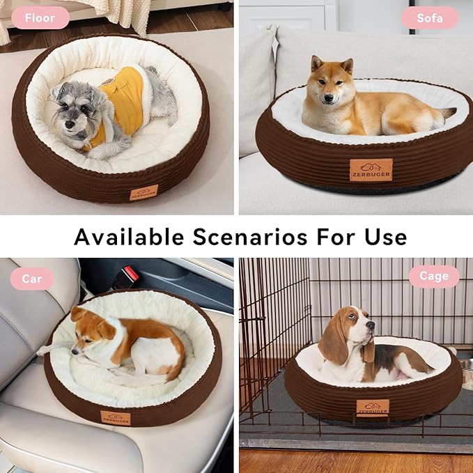30in Round Cat Dog Bed for Large Medium Small Dogs Cats, Machine Washable Sleeping Sofa, Non-Slip Bottom Breathable Soft Calming Pet Cuddler for Indoor/Outdoor/Car/Cage, Brown