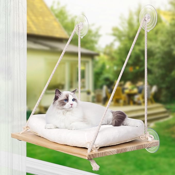 Cat Window Perch, Cat Hammock Window Seat with Cushion Bed Cover - Solid Wood Seat & Strong Suction Cups - Hanging Cat Window Bed Cat Shelf for Small Medium Indoor Cats