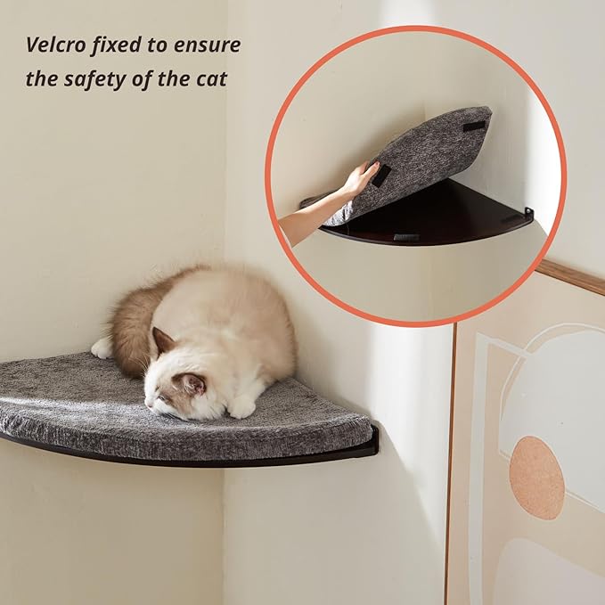 Wall Mounted Corner Cat Bed - Cat Shelf with Comfortable Cushion - Minimalistic Cat Furniture for Indoor Cats - Climbing Cat Perch for Wall, Walnut