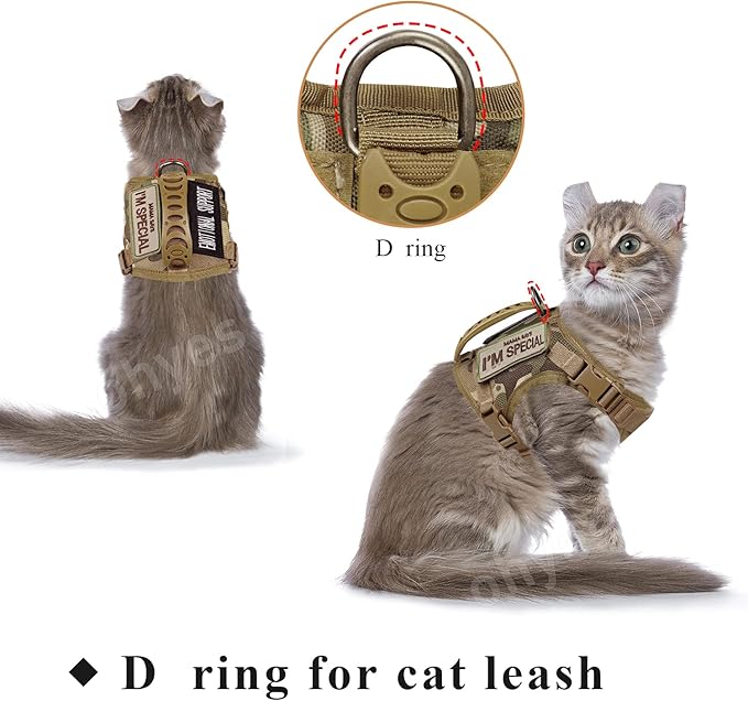 Tactical Cat Harness for Walking Escape Proof, Soft Mesh Adjustable Pet Vest Harness for Large Cat,Small Dog (L, Khaki)