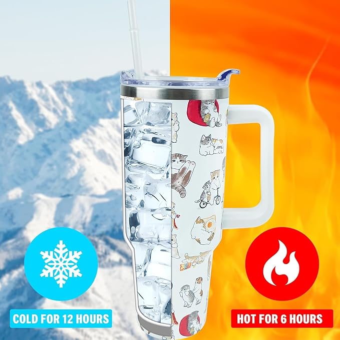 40 oz Tumbler with Handle and Straw, Stainless Steel Insulated Cup with Leak Proof Lid and Straw Lid, Keep Drinks Cold and Hot for Hours(Cat)