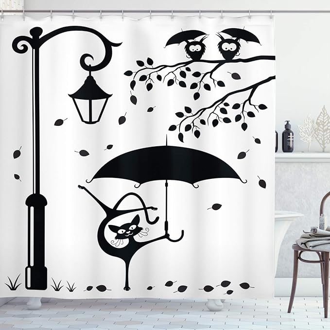 Ambesonne Cat Shower Curtain, Funny Kitty with Umbrella Dancing Under Street Lamp in Town Urban Humorous Print, Cloth Fabric Bathroom Decor Set with Hooks, 69" W x 84" L, White and Black