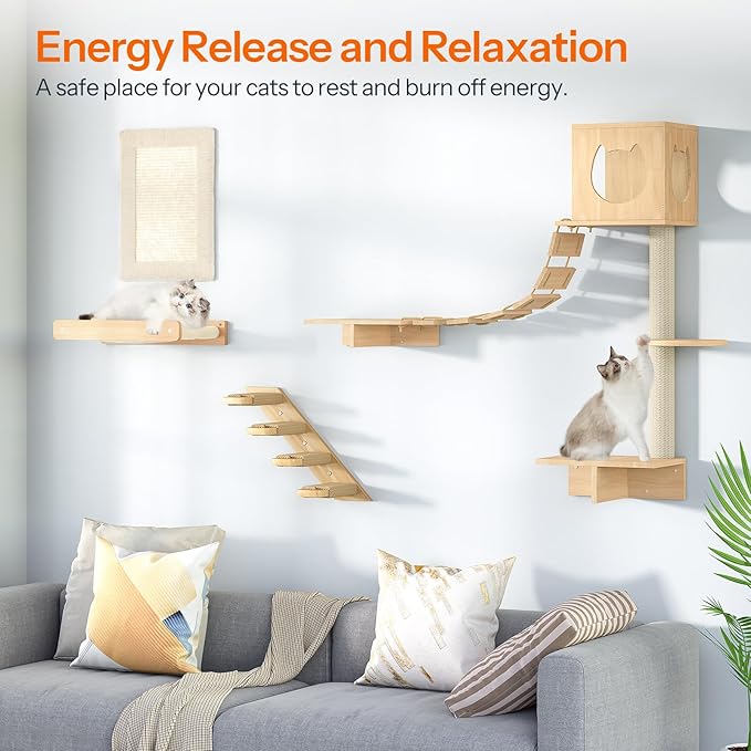 HOOBRO Wood Cat Wall Shelves, Set of 5 Cat Wall Furniture, Cat Corridor, Cat House, Cat Plush Hammock, Scratching Board and Cat Climbing Shelves, Sturdy, Durable and Safe, Natural NL45CS03